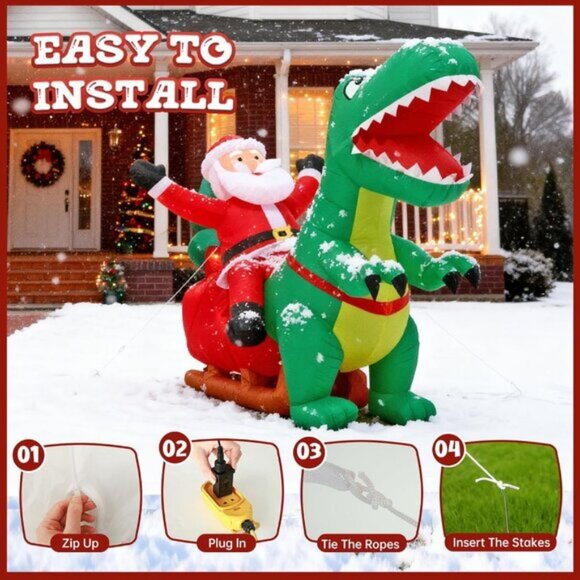 🆕8.2FT Long Christmas Inflatables with LED Santa Ride on Dinosaur Outdoor Decor - Picture 9 of 9